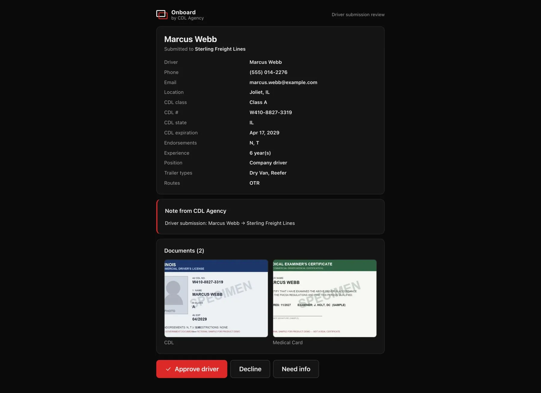 Onboard carrier review screen with a sample driver packet and approve, decline and need-info actions